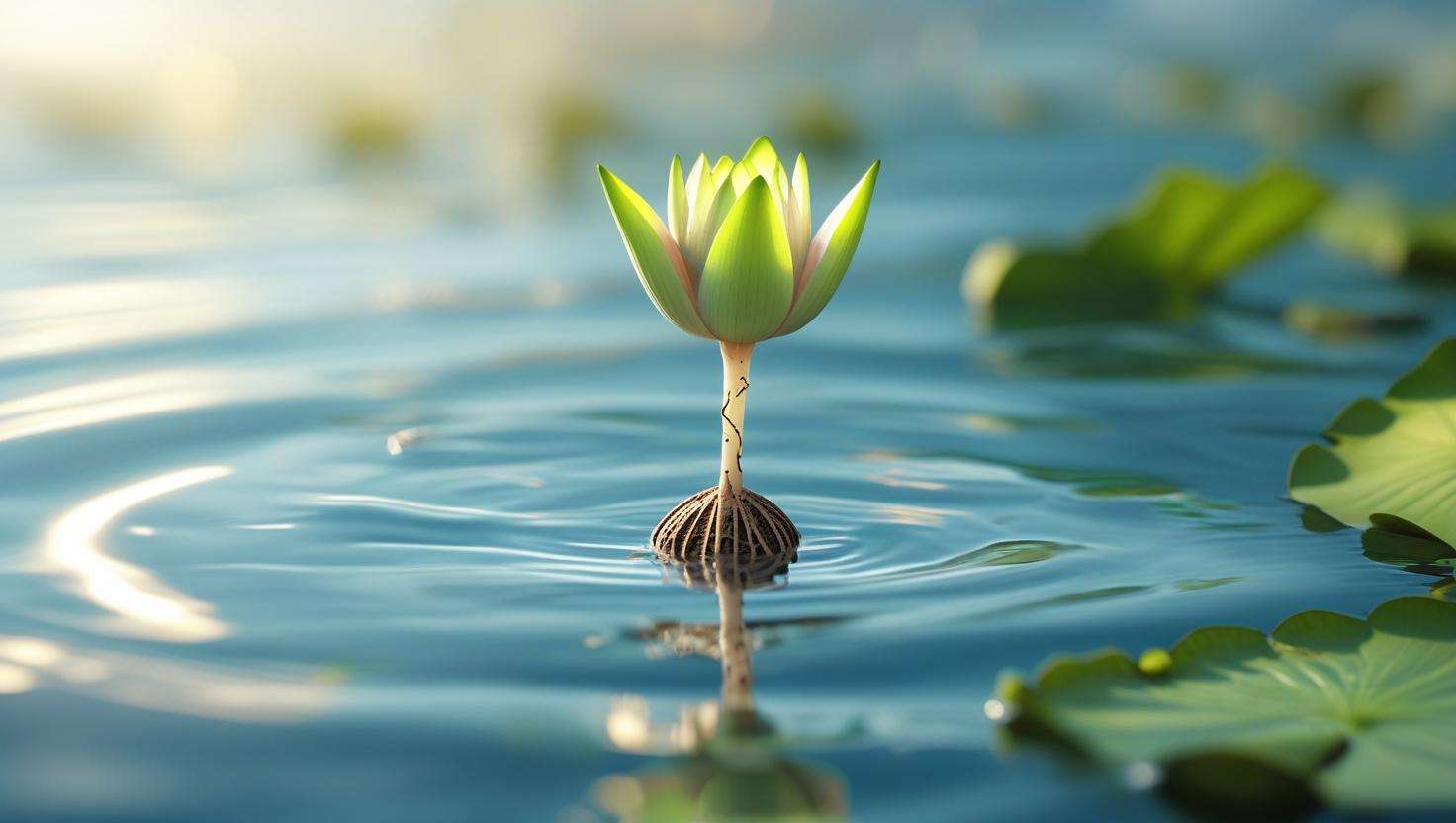 Close-up of a water lily seed sprouting in pond water with a small root emerging and the first leaf above the surface.
