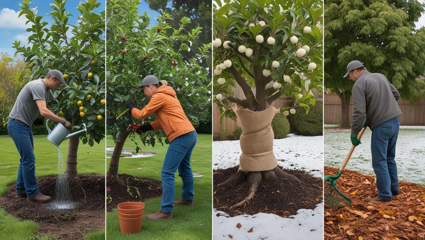 A gardener caring for trees in different seasons: watering in summer, pruning in spring, wrapping for winter, and mulching in fall