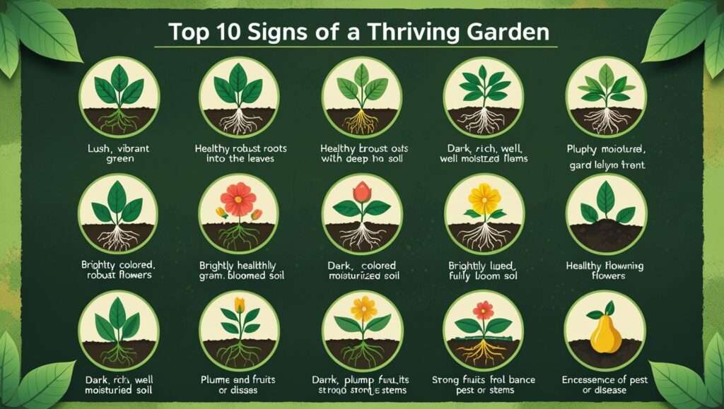 Infographic showing the top 10 signs for gardening, including vibrant leaves, healthy roots, blooming flowers, and well-moisturized soil.