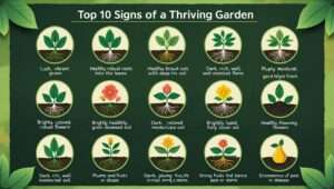 Infographic showing the top 10 signs for gardening, including vibrant leaves, healthy roots, blooming flowers, and well-moisturized soil.
