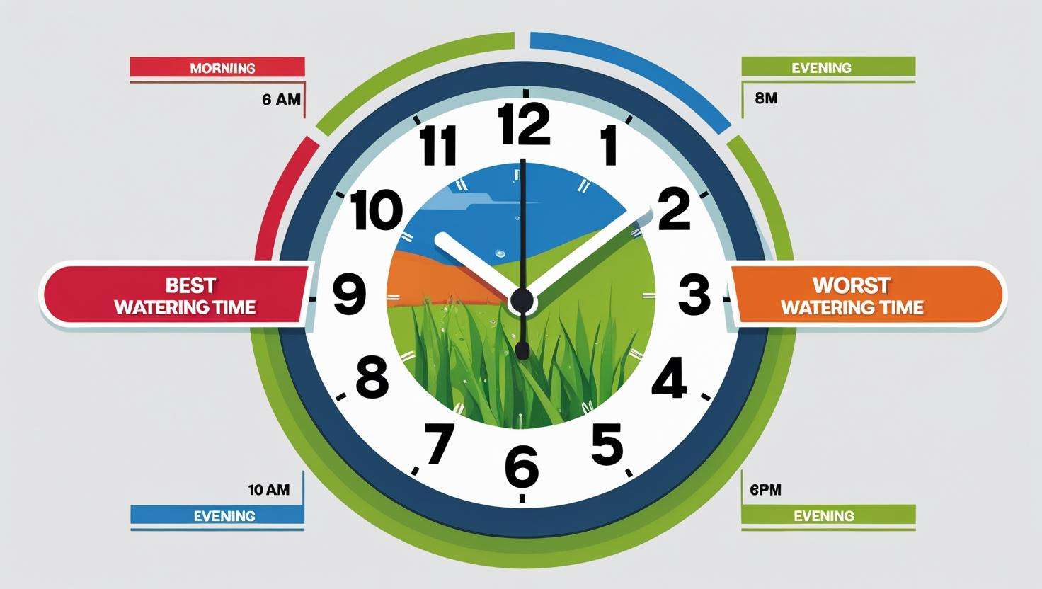 Infographic showing the worst times to water grass: midday (noon to 3 PM) and late evening. Best watering times marked with early morning and late afternoon
