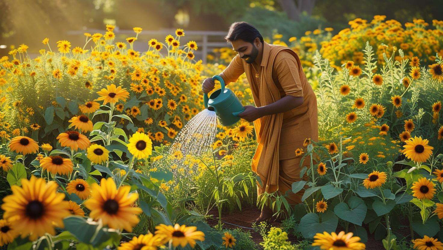 Garden scene showing a variety of yellow wildflowers like Black-eyed Susans and Sunflowers with a gardener planting or watering the flowers