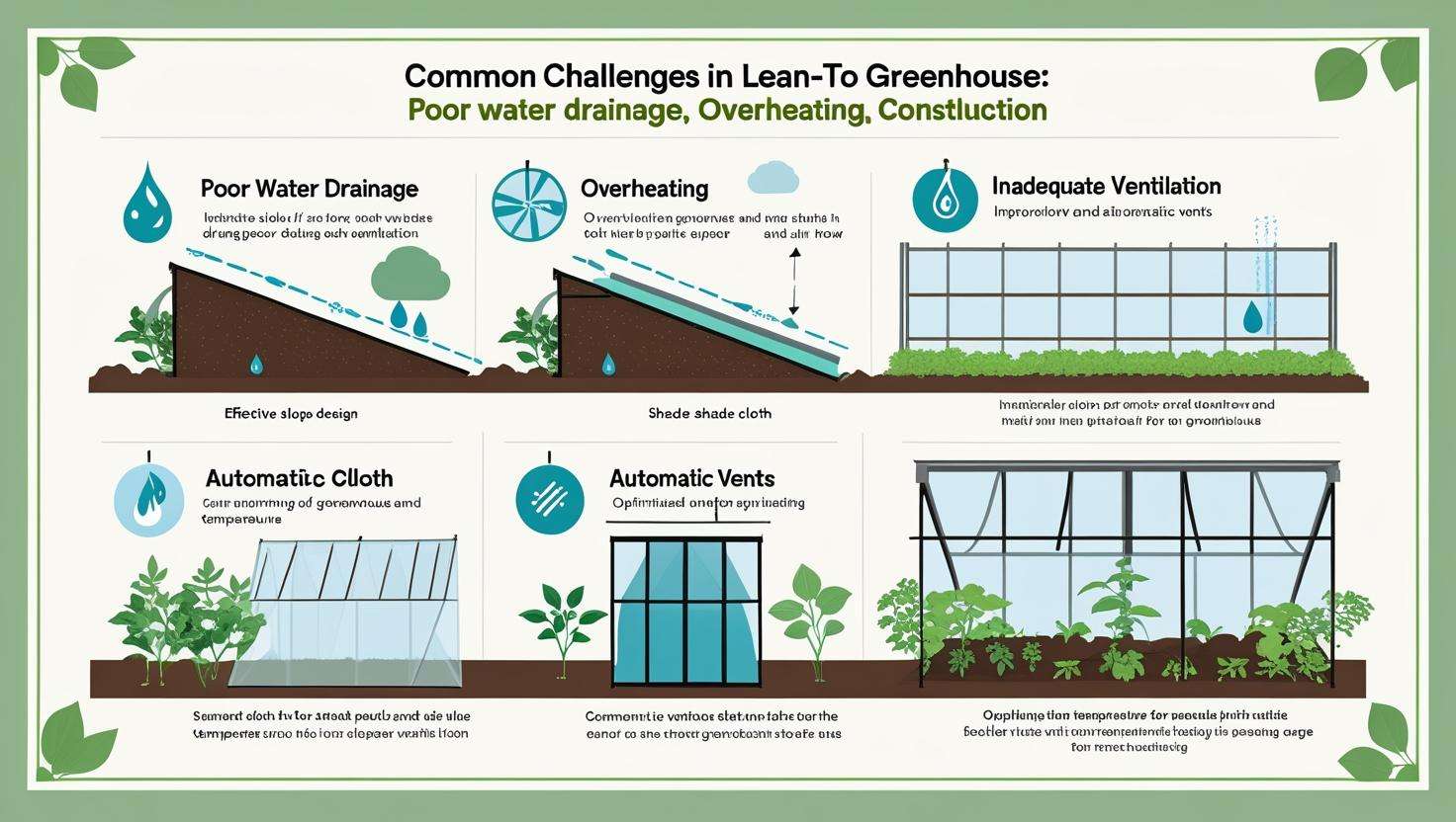 A diagram or infographic showing potential challenges (e.g., water drainage issues, overheating) along with solutions (e.g., slope design, shade cloth).