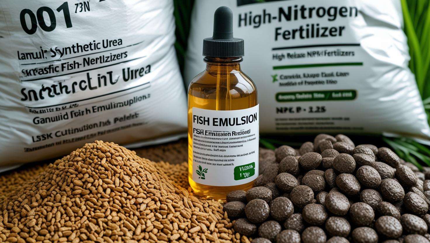 A variety of fertilizers (synthetic, organic, liquid, slow-release) placed side by side with examples like fish emulsion, urea, and slow-release pellets.