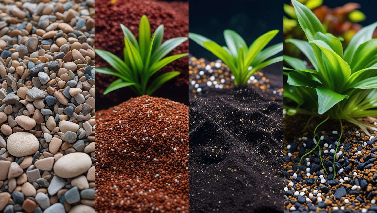 A side-by-side comparison of different types of aquarium gravels—Natural Gravel, Clay-Based Gravel, Nutrient-Rich Substrates, and Gravel with Fertilizer Additives. Each gravel type should be shown with a plant in front of it to demonstrate the potential impact on growth.