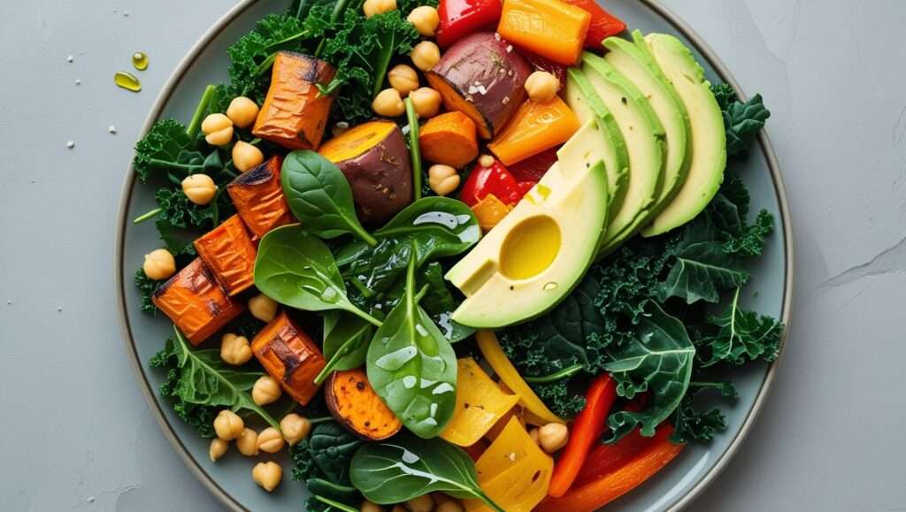 A beautifully arranged vegetable plate featuring a mix of leafy greens, roasted root vegetables, colorful bell peppers, protein-rich chickpeas, healthy fats like avocado, and a drizzle of tahini dressing, symbolizing a balanced, healthy meal