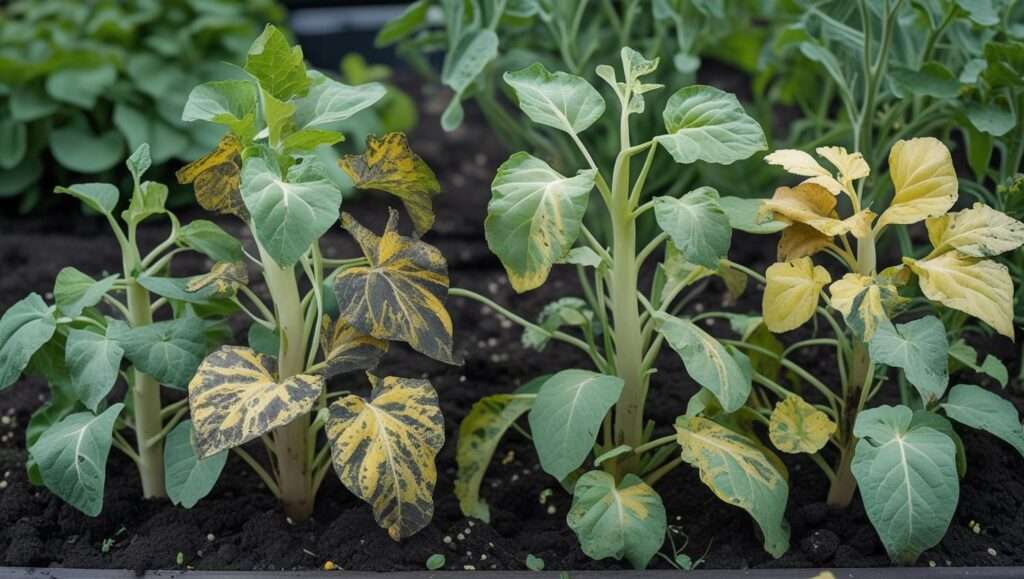 Garden with plants affected by the dangers of using potassium nitrate as a mass fertilizer, showing uneven growth and nutrient imbalance.
