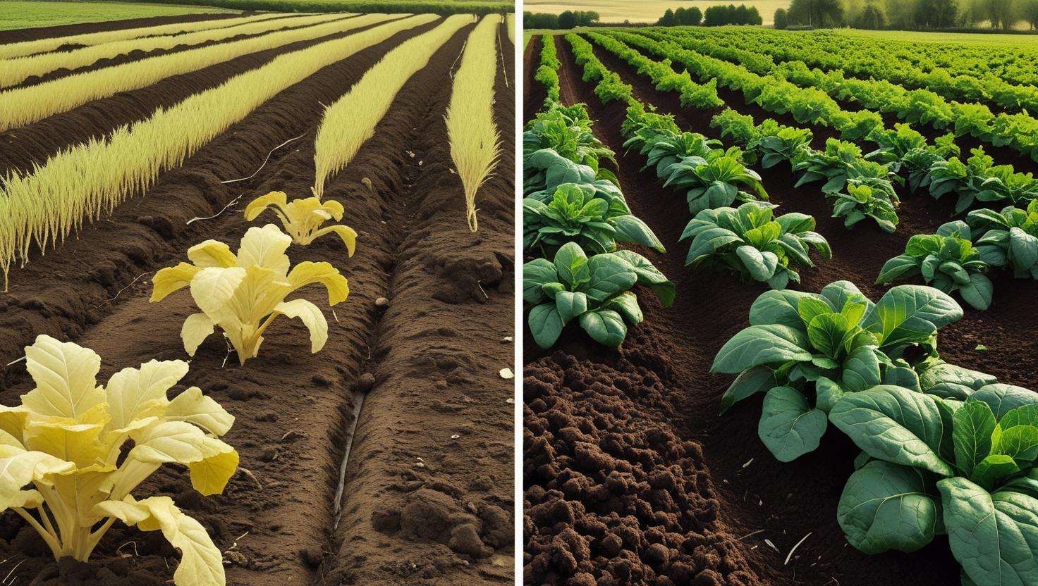 Before and after image of a farm, showing traditional farming methods on the left and sustainable farming with healthy crops on the right.