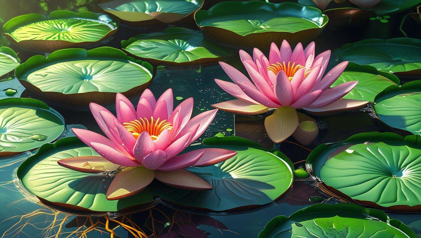 A vibrant, healthy water lily with large green floating leaves in clear pond water, thriving under sunlight