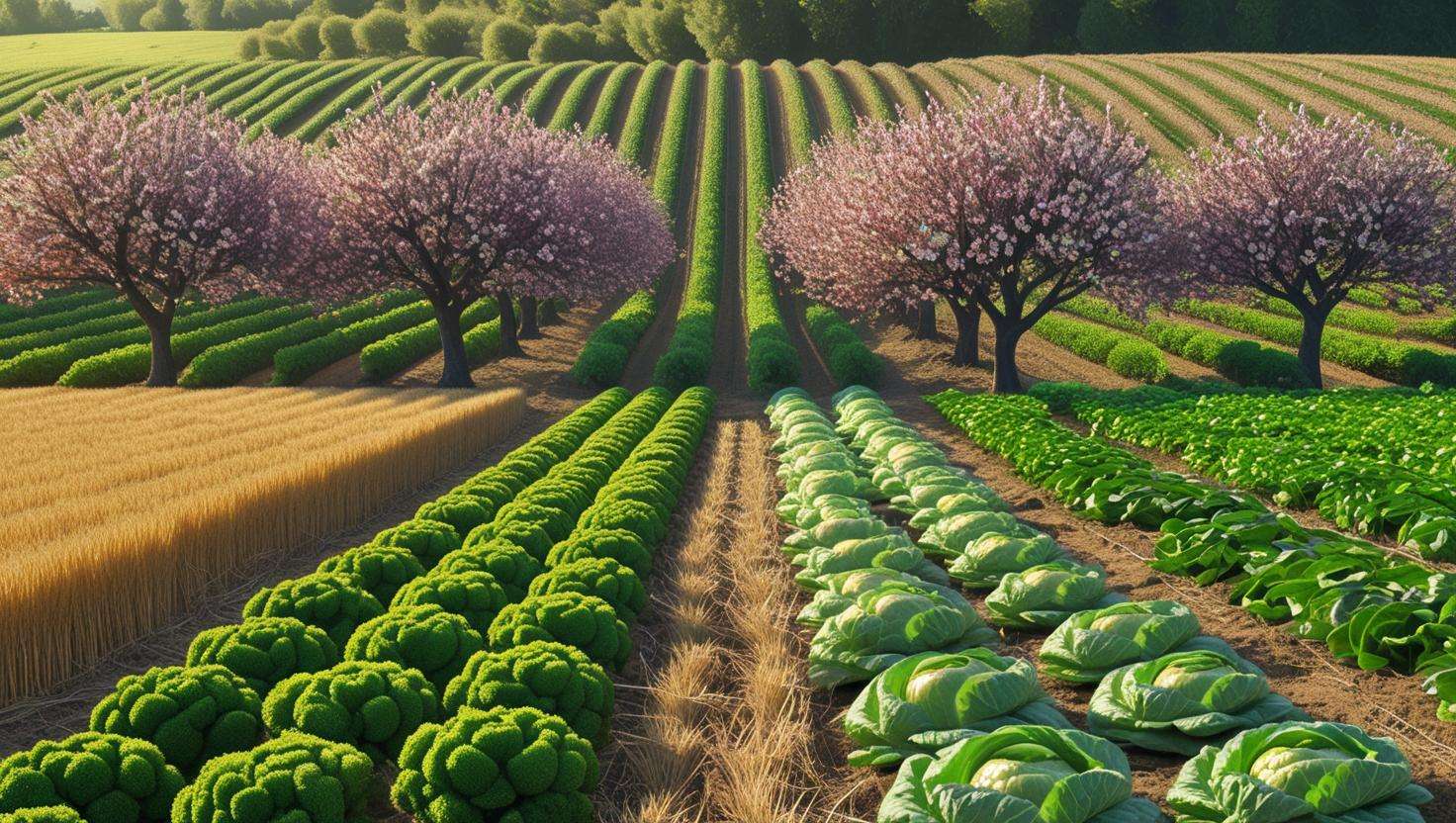 Farm with rows of fruit trees between crops, representing agroforestry and sustainable farming practices.