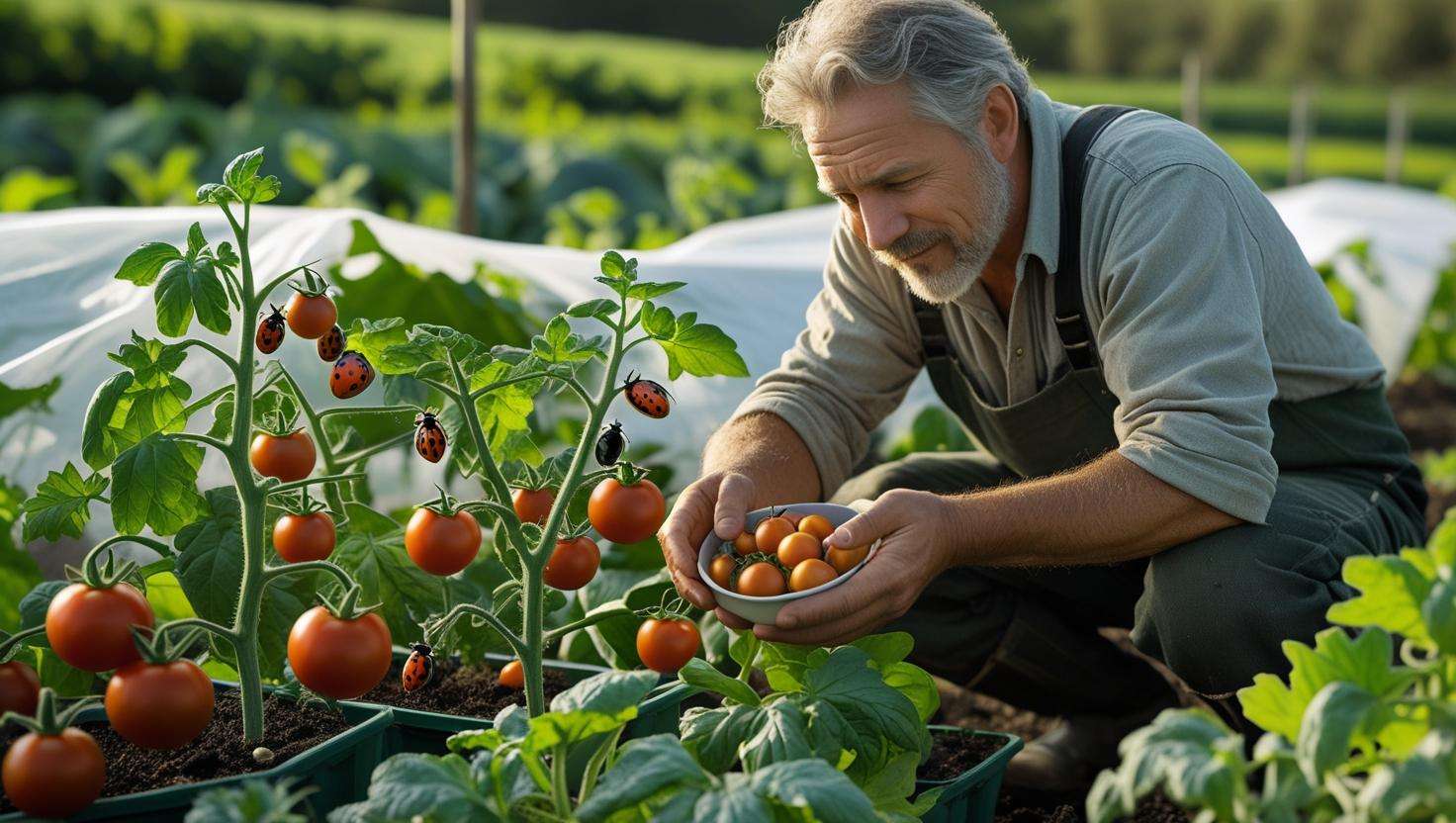 Farmer using natural pest control methods like releasing ladybugs and placing row covers to manage pests in sustainable farming