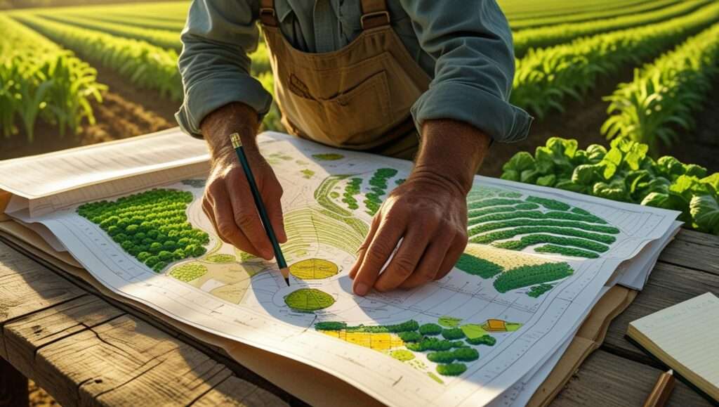 Farm with rows of fruit trees between crops, representing agroforestry and sustainable farming practices