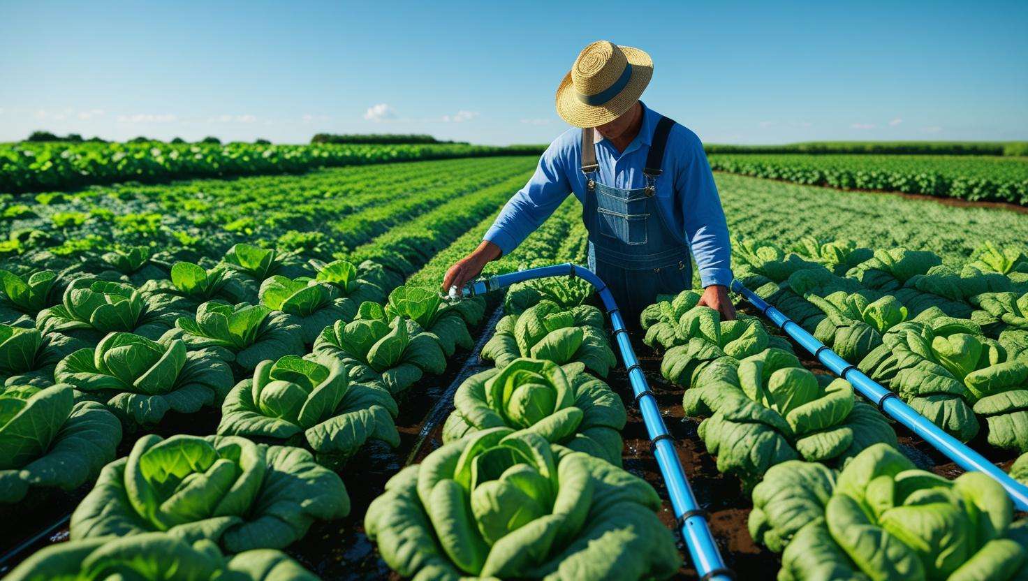 Farmer using drip irrigation system to water crops in a well-organized, sustainable farm with thriving plants.