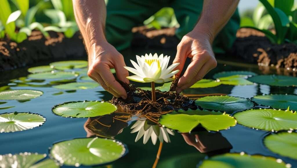 Gardener transplanting a young water lily into a shallow pond, ensuring the crown is submerged below the water's surface
