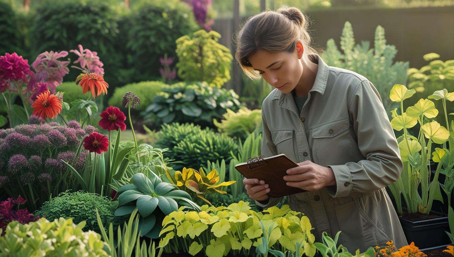 Gardener observing plants in a garden, noting signs like yellowing leaves and healthy flowers to understand plant needs.
