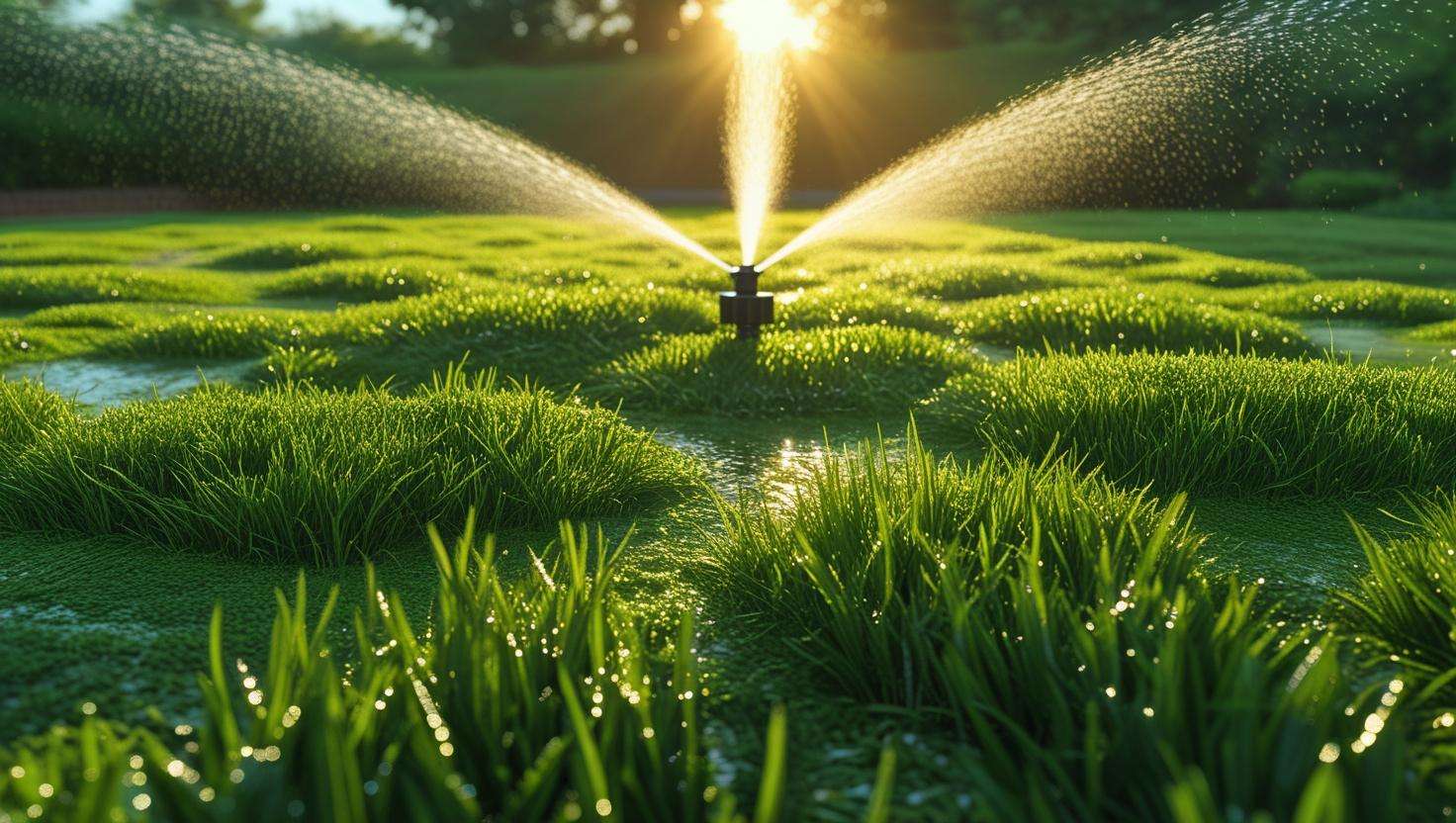 Healthy lawn being watered with a sprinkler in the early morning, with golden sunlight and dew on the grass, showing the best time to water grass