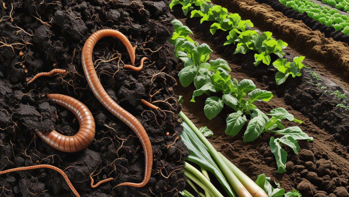 Close-up of healthy soil with earthworms and organic compost, symbolizing soil health and sustainable farming
