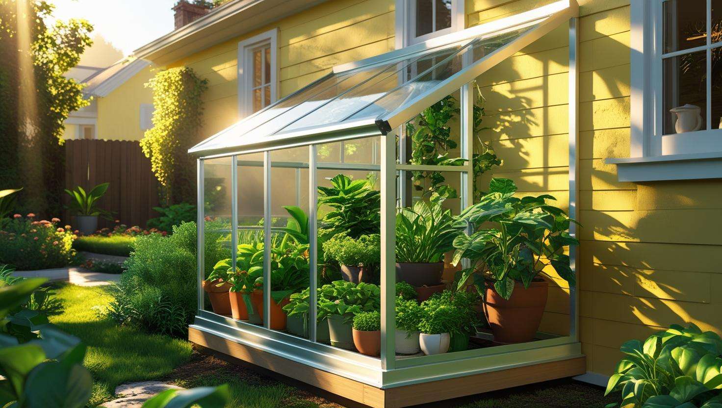 A close-up of the Lean to Greenhouse structure, focusing on the wall attachment and sunlight exposure, with light reflecting off the building wall into the greenhouse.
