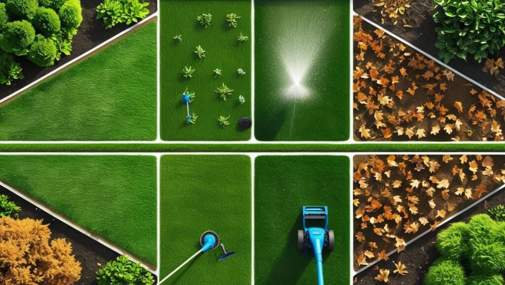 Year-round healthy lawn with four sections representing spring, summer, fall, and winter, showing lawn care activities like aeration and watering