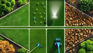 Year-round healthy lawn with four sections representing spring, summer, fall, and winter, showing lawn care activities like aeration and watering