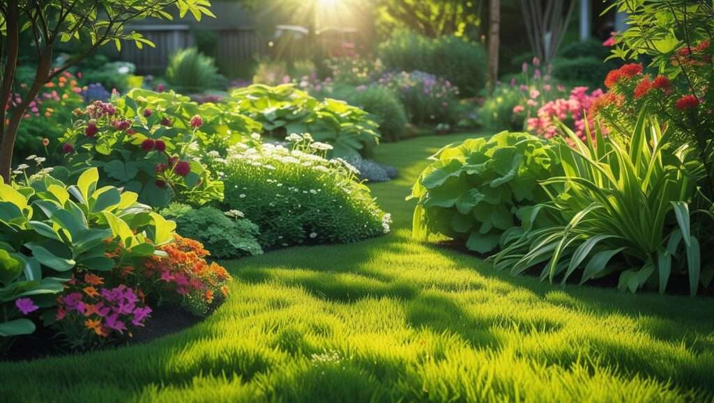 Healthy garden with vibrant plants and lawn, featuring 13 13 13 fertilizer application for balanced growth and strong roots.