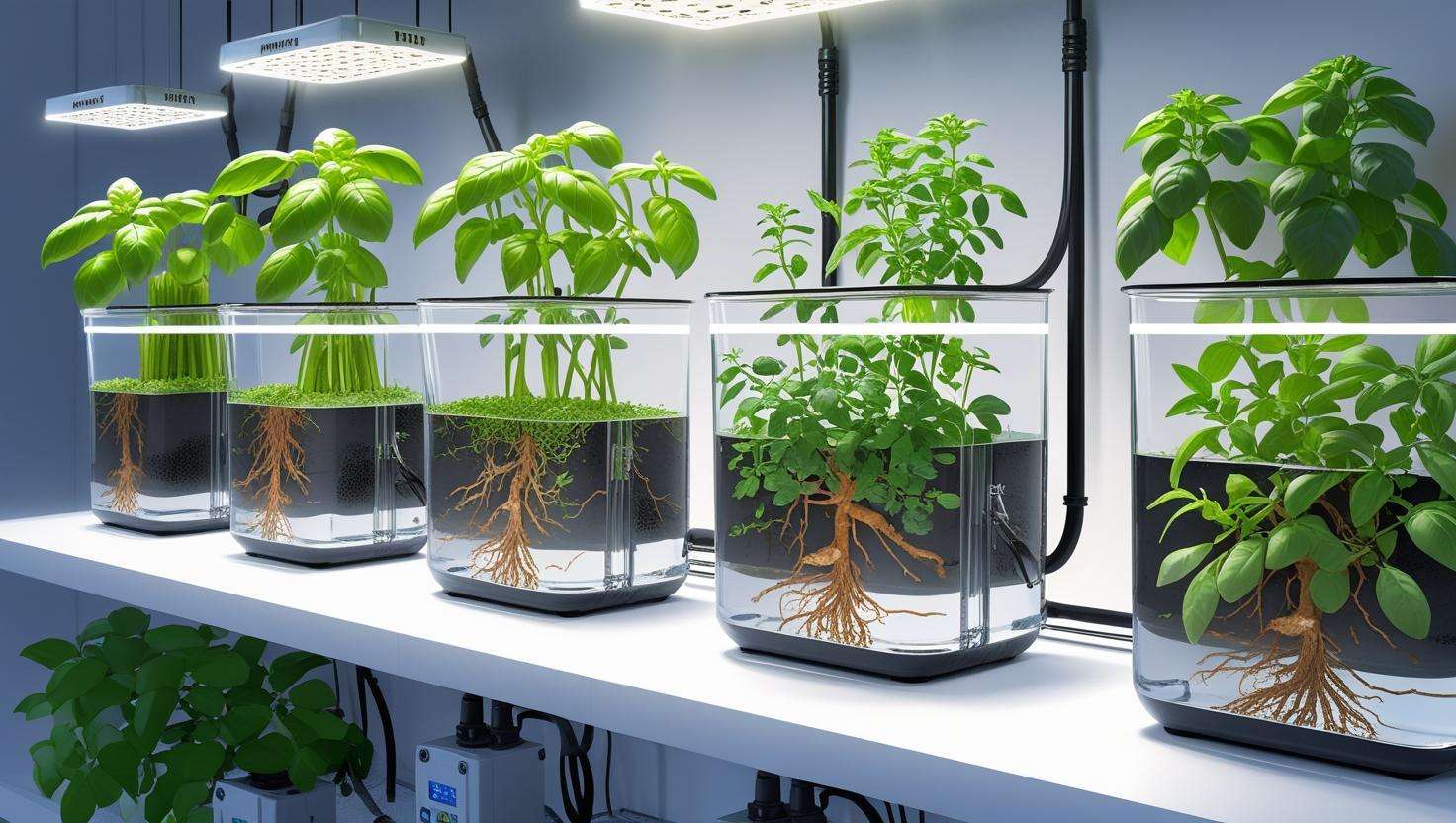 Modern hydroponic herb garden setup with basil and oregano growing in water-based containers, featuring visible roots and water pumps.