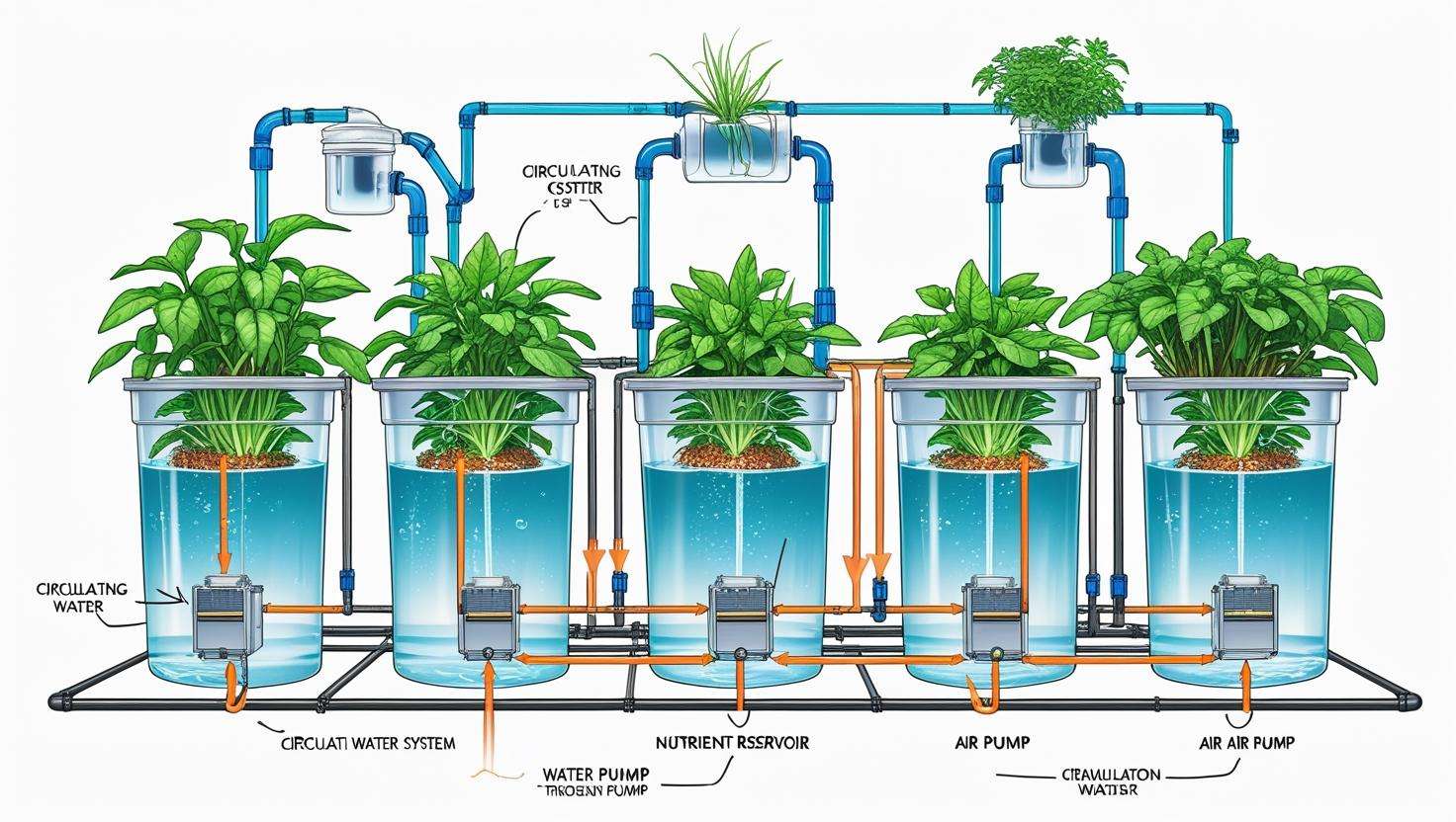 An illustration or photo of a 5 hydroponic buckets kit with all components shown clearly: the buckets, tubing, air pump, and nutrient solution. The image should demonstrate how water flows through the system and how plants are placed in each bucket.