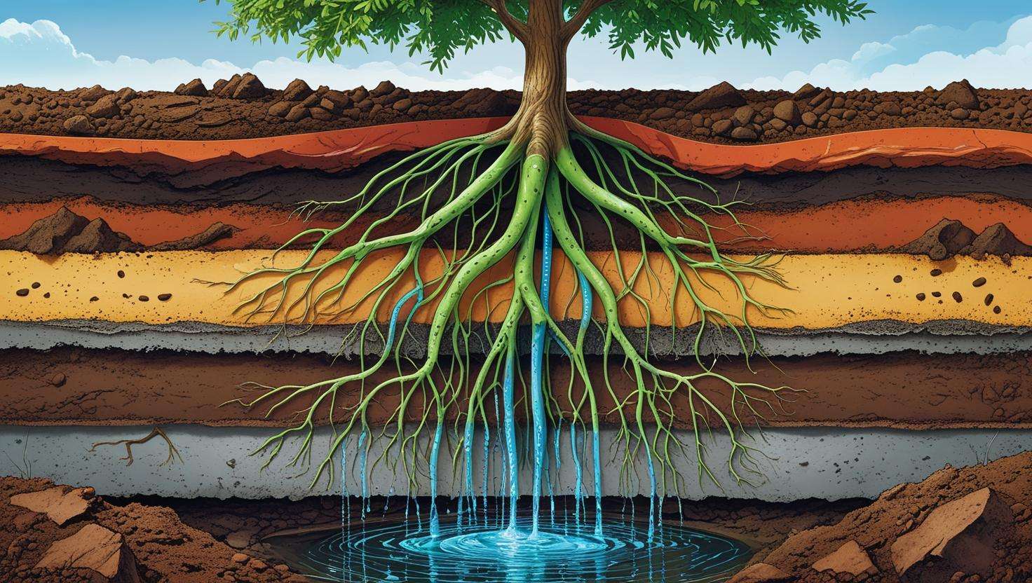 Illustration showing how tree roots absorb water through capillary action in soil, with water flowing to the root zone of a young tree.