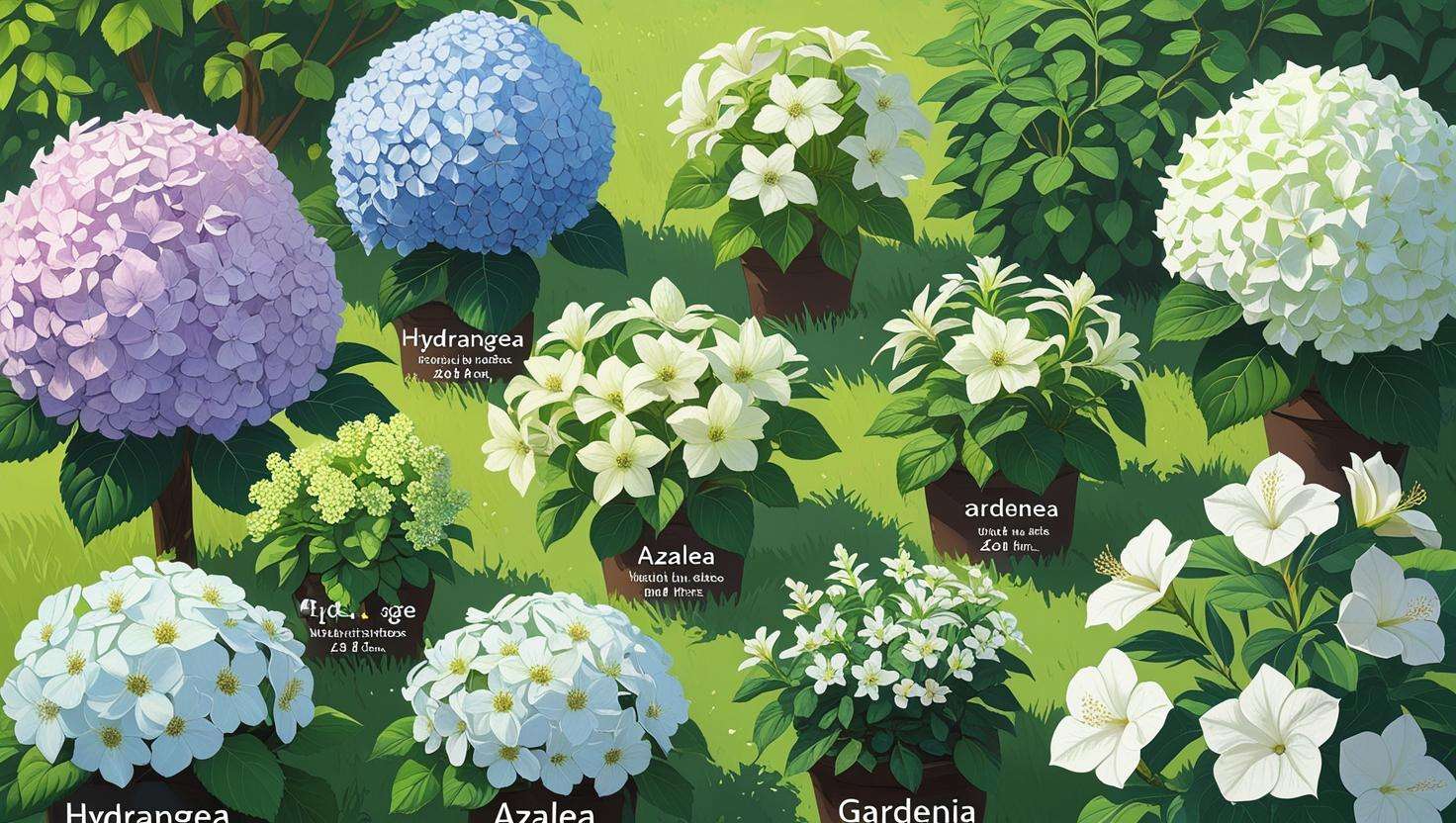 Different white flowering shrubs like Hydrangea, Azalea, and Gardenia with labels showing sunlight needs, soil types, and ideal climate zones for each plant.