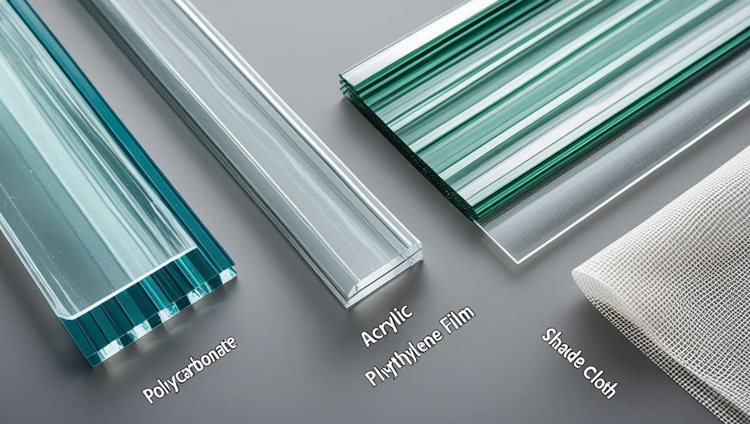 Illustrations or photos of each type of window glass, polycarbonate, acrylic, polyethylene, and shade cloth, placed next to each other with labels.