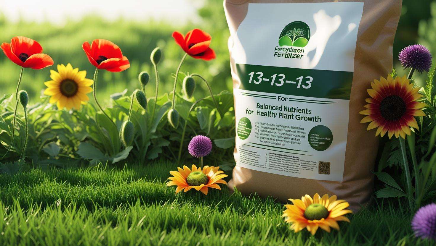  A close-up of a bag of 13 13 13 fertilizer next to a thriving lawn or garden.