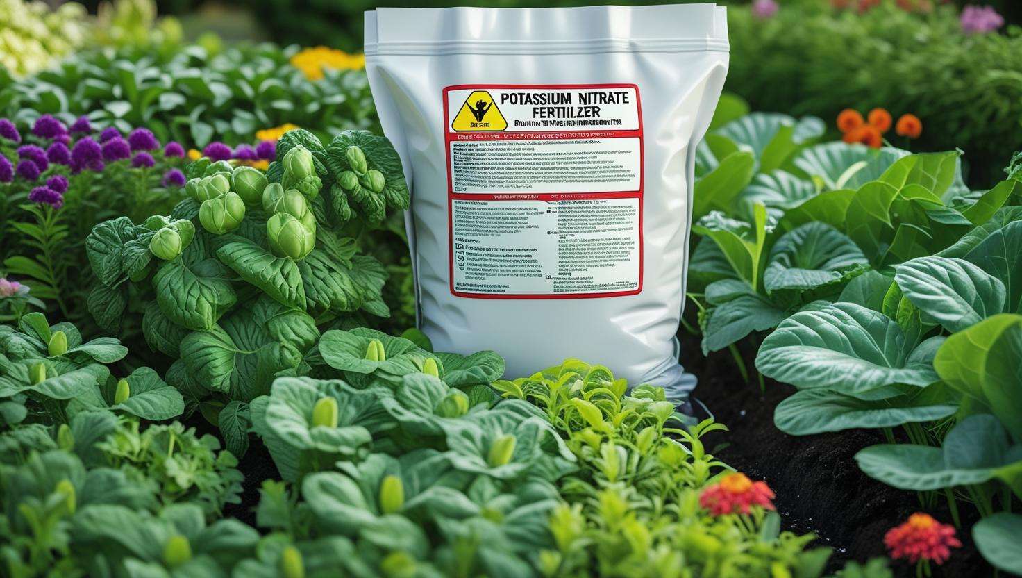  A close-up of potassium nitrate granules or a bag of fertilizer with the chemical formula (KNO₃) visible, placed next to thriving plants or crops.
