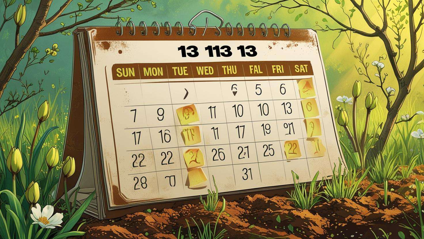 A calendar with fertilizing dates marked for spring and fall, along with an image of a lawn or garden in early spring.