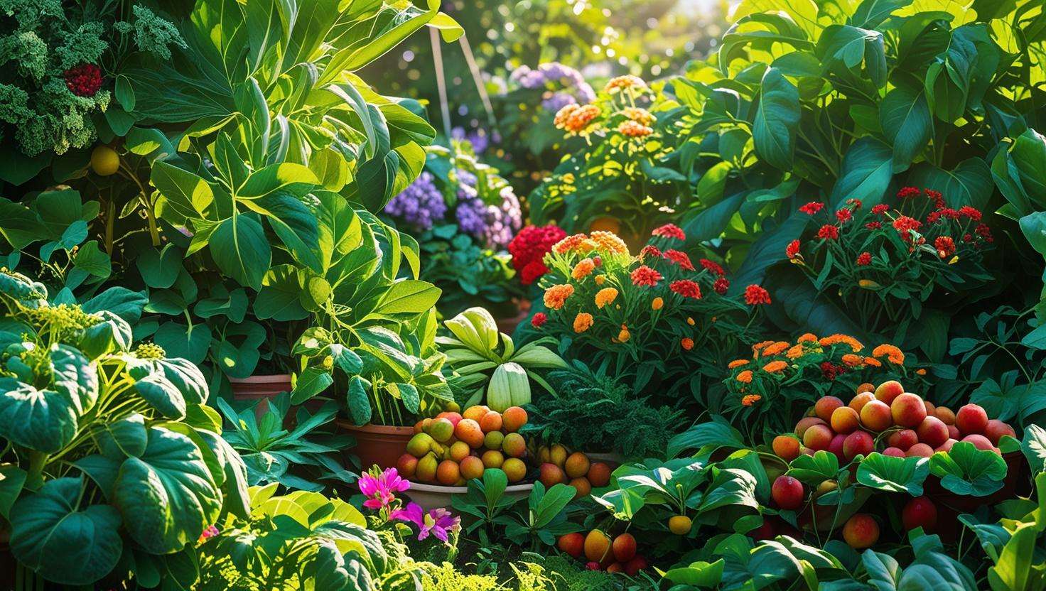 A beautiful, healthy garden or lawn with a mix of plants flourishing, symbolizing a balanced, eco-friendly approach to fertilizing.