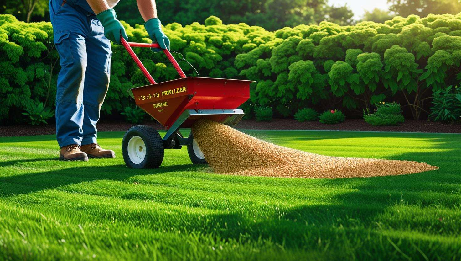  A person using a broadcast spreader to apply 13 13 13 fertilizer to a lawn or garden.