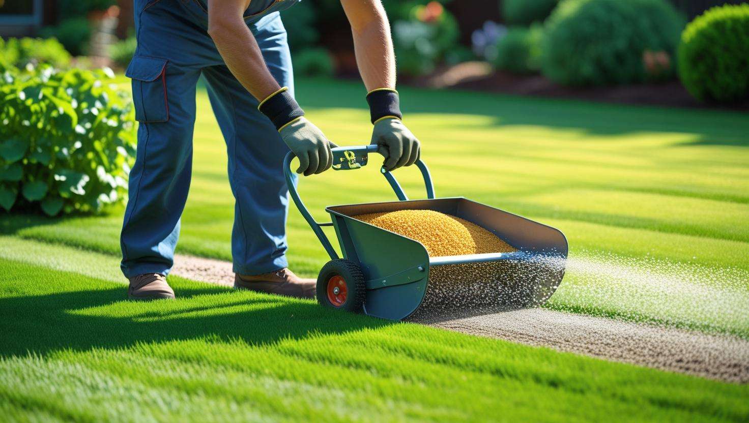  A gardener using a broadcast spreader to apply fertilizer evenly across a lawn or garden, with careful, controlled application visible.