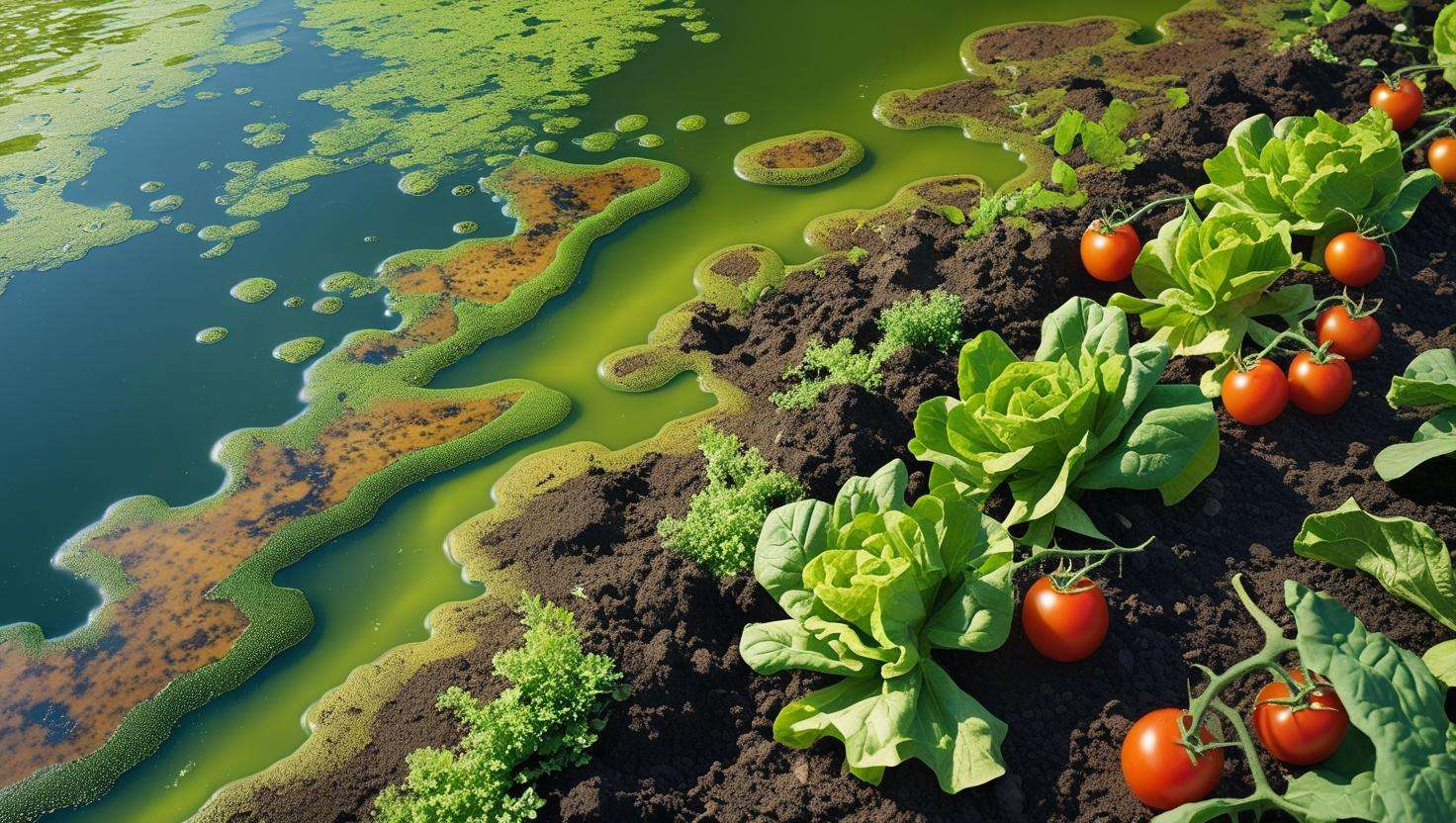A diagram or image of polluted water (algal blooms in a lake) or soil degradation due to over-fertilization.