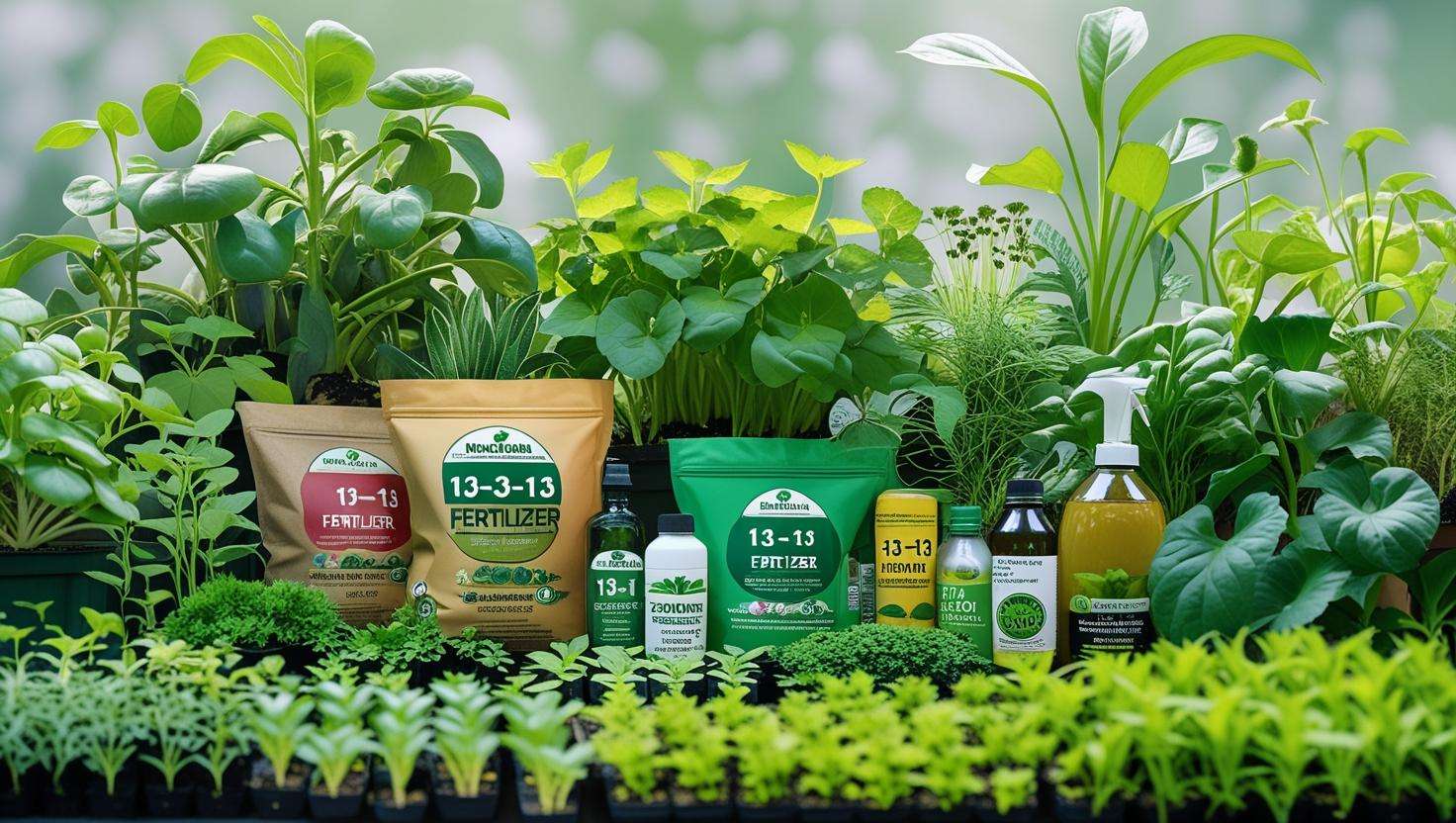 A variety of plants in different growth stages (seedlings, mature plants, flowers) with different types of fertilizers in the background.