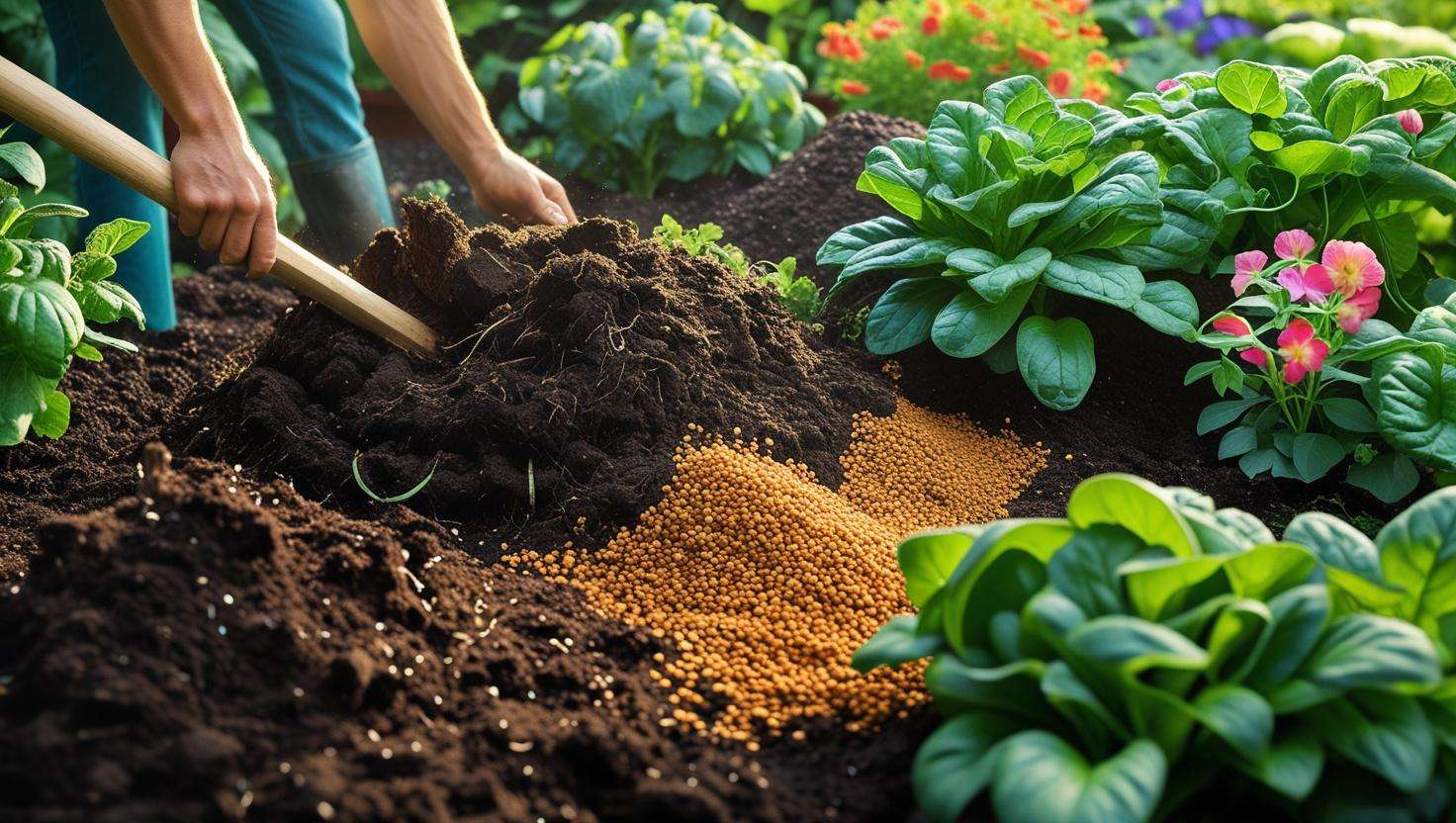A comparison image of organic fertilizers like compost, manure, and slow-release options being applied to a garden or lawn.