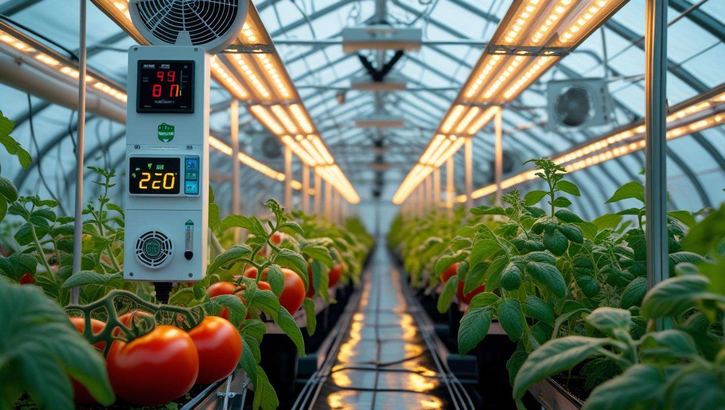 A greenhouse with rows of crops inside, with a clear view of how temperature, humidity, and light are regulated.