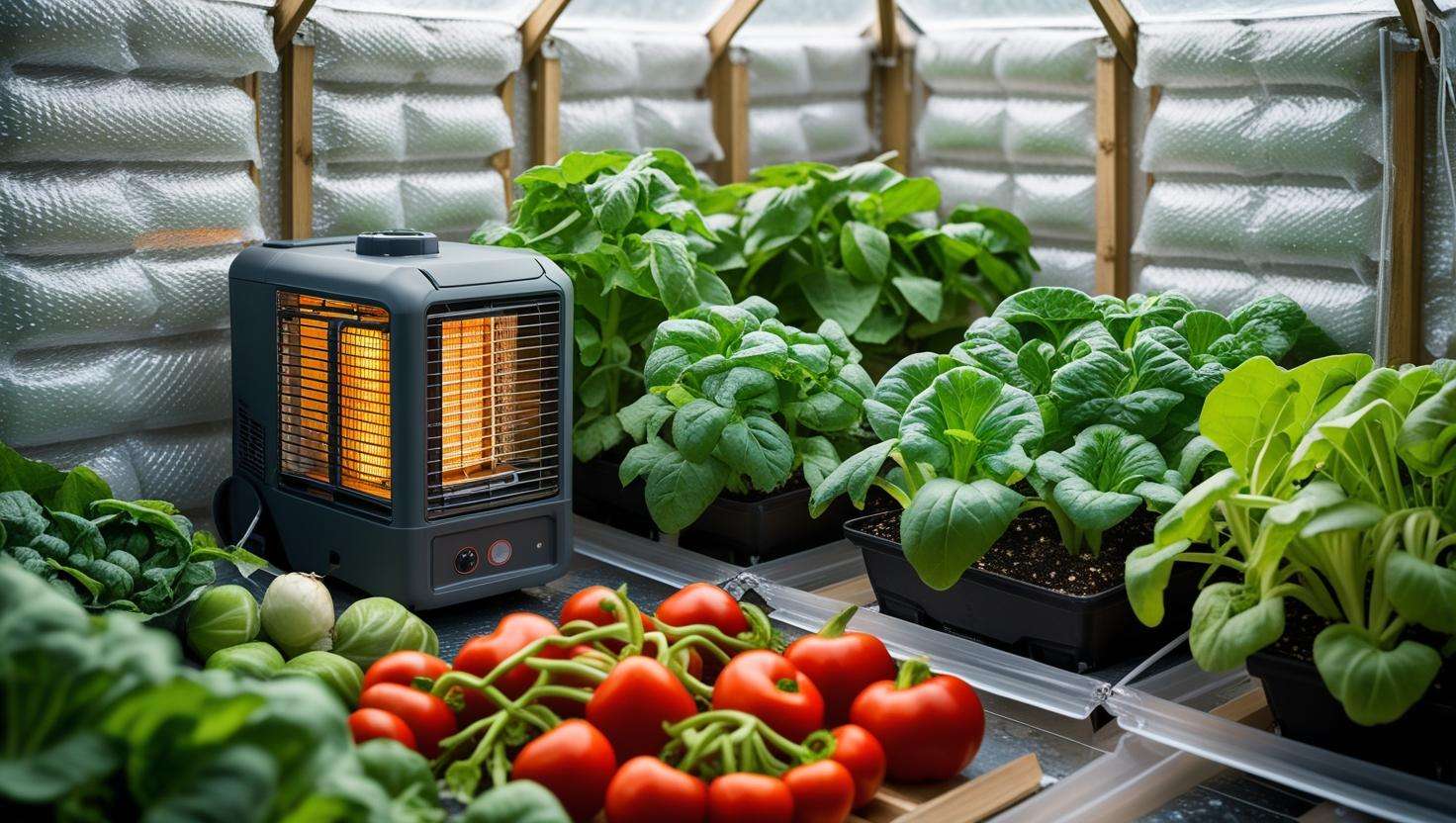 A greenhouse shed with different temperature control features, such as a heater, ventilation, and insulation.