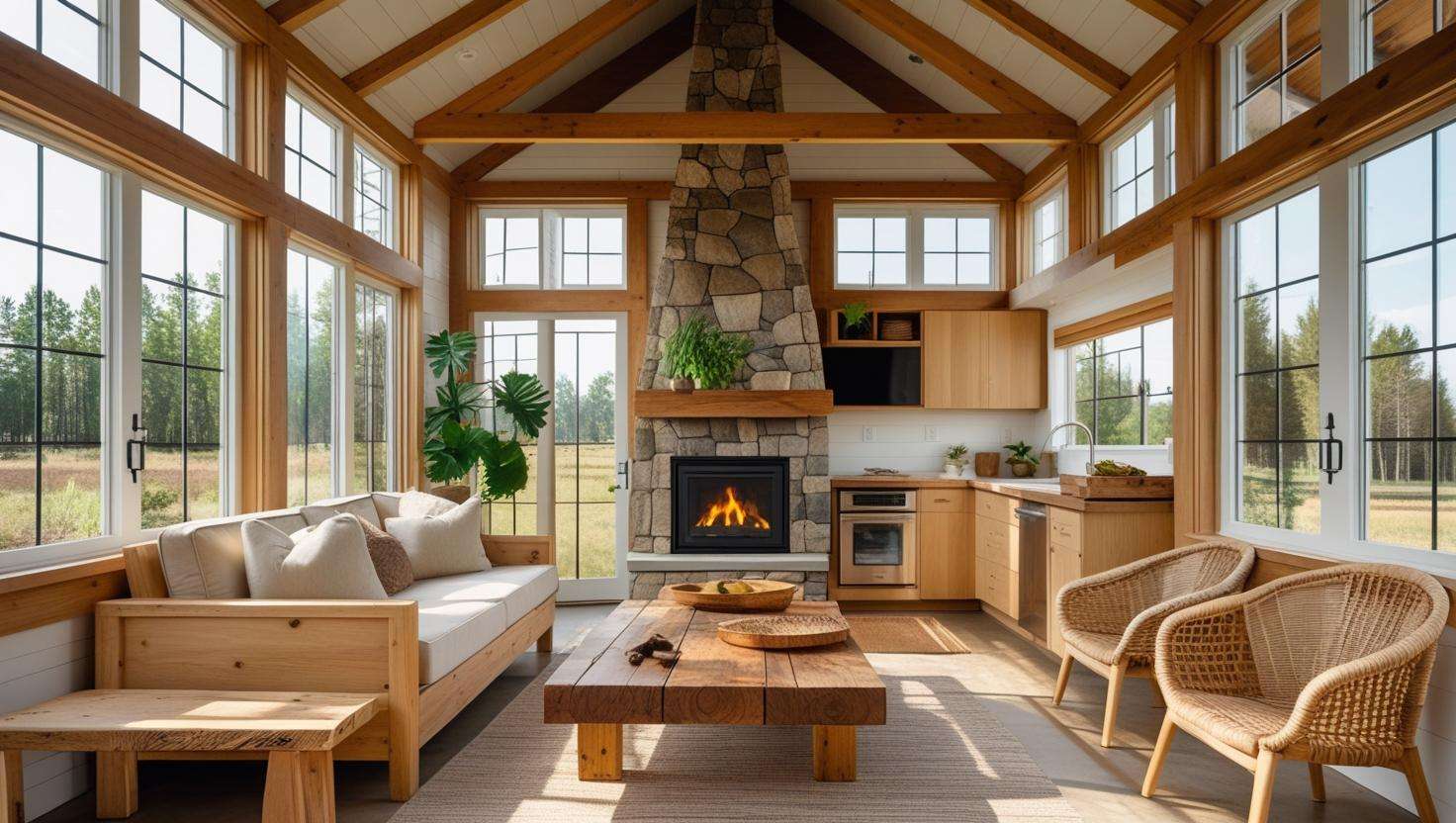 Interior view of a small farm home featuring an open-concept layout with natural wood furniture, energy-efficient appliances, and large windows allowing ample natural light