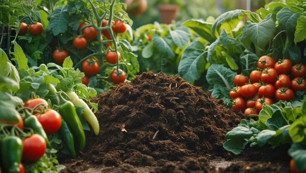 Healthy garden thriving with vibrant plants and vegetables, with a compost pile in the background, demonstrating the benefits of using Organic Compost for soil health and sustainability