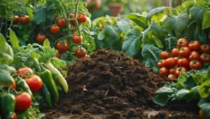 Healthy garden thriving with vibrant plants and vegetables, with a compost pile in the background, demonstrating the benefits of using Organic Compost for soil health and sustainability