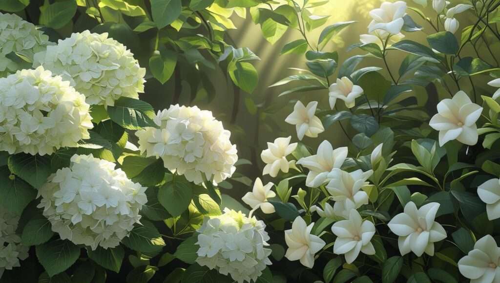 Serene garden featuring a variety of white flowering shrubs in full bloom, showcasing Hydrangeas, Mock Orange, and Gardenias surrounded by lush greenery.