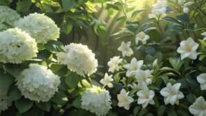 Serene garden featuring a variety of white flowering shrubs in full bloom, showcasing Hydrangeas, Mock Orange, and Gardenias surrounded by lush greenery.