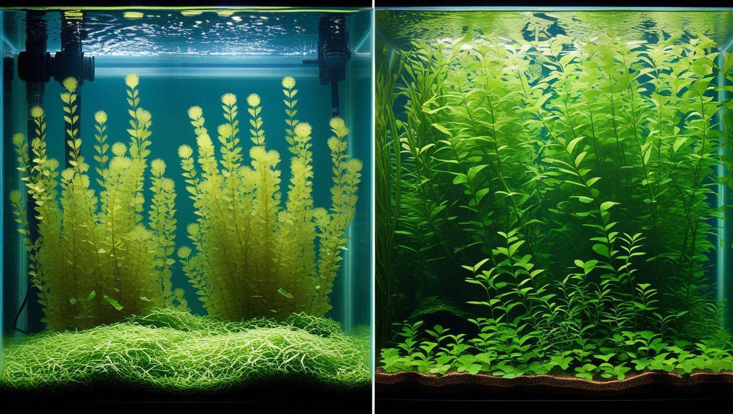 A comparison image showing a tank with overgrown duckweed covering the entire surface versus a well-maintained tank with controlled duckweed growth.