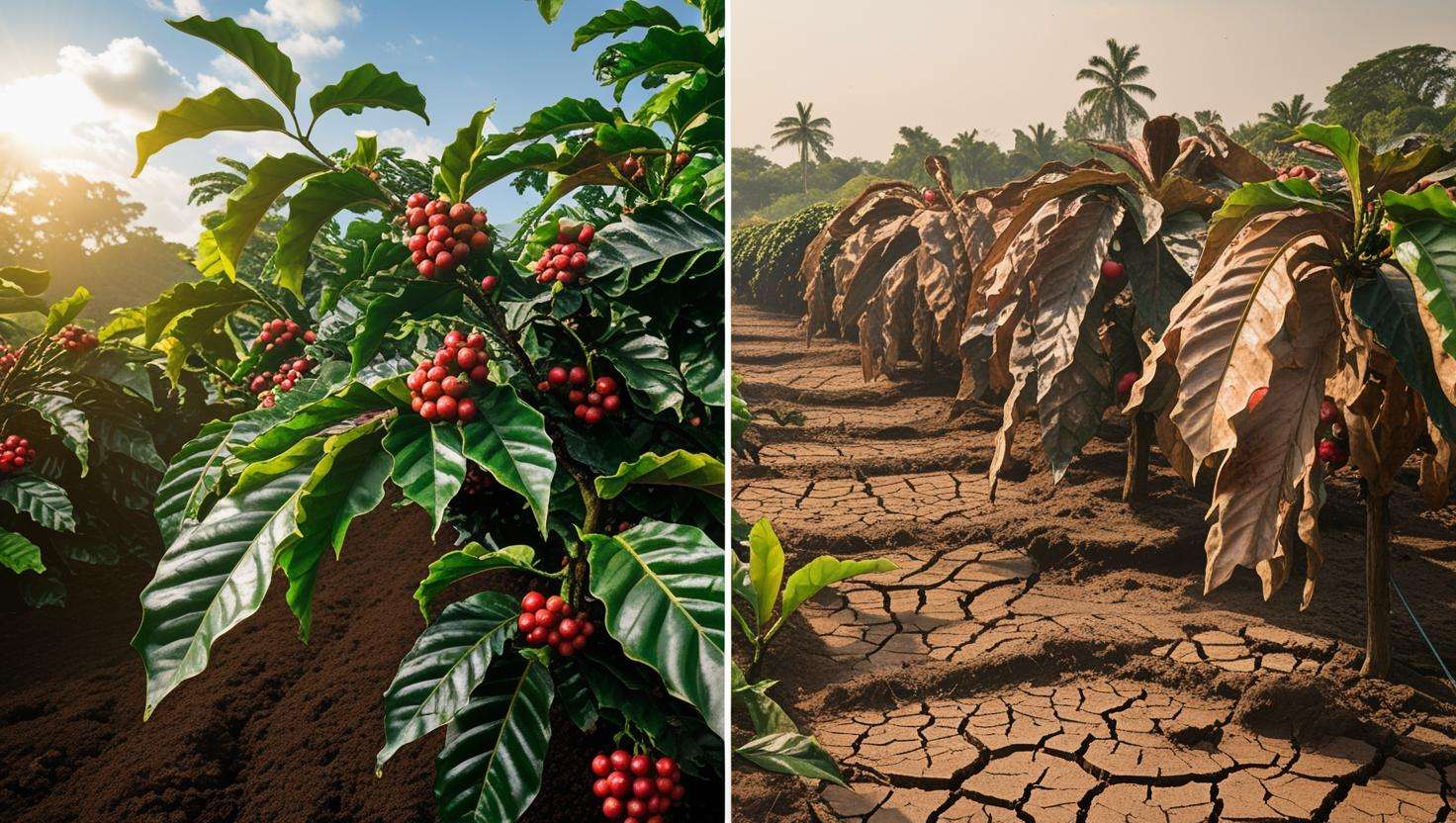 Split image showing a healthy coffee farm on one side and a damaged farm with drought or pests on the other.