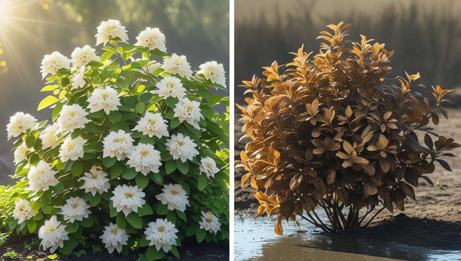Split image showing a healthy white flowering shrub thriving on one side and a struggling shrub with wilted leaves, pests, and signs of overwatering on the other side.