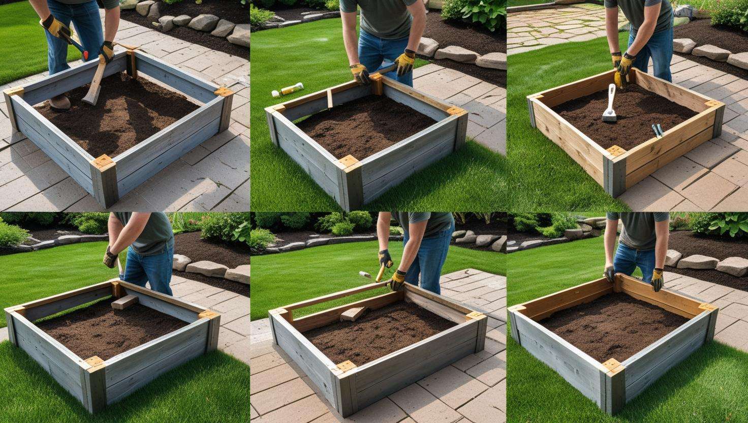 Step-by-step image of a person building a wooden raised bed garden in Pennsylvania, using tools like a hammer and nails for assembly.